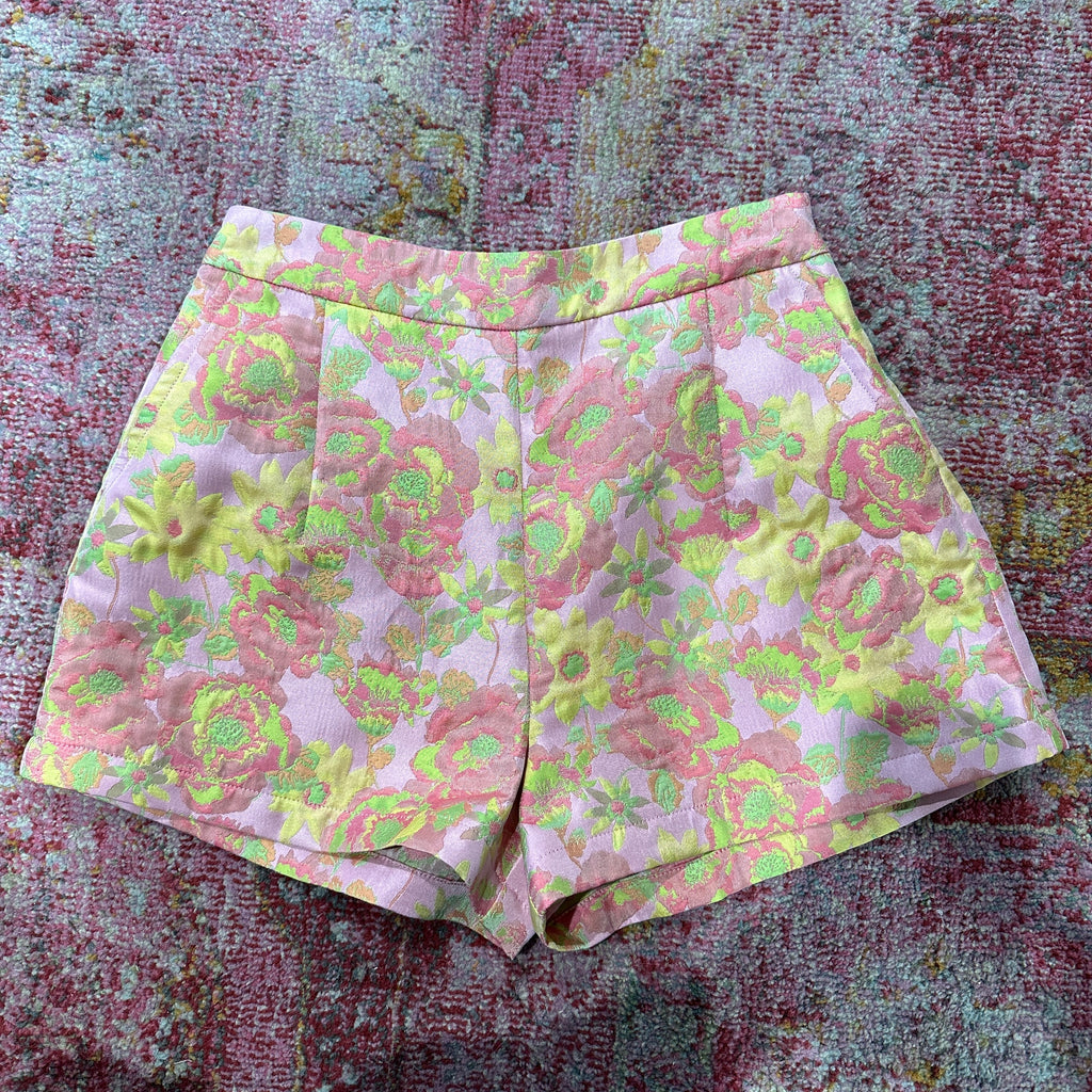 Pink Floral Brocade Shorts