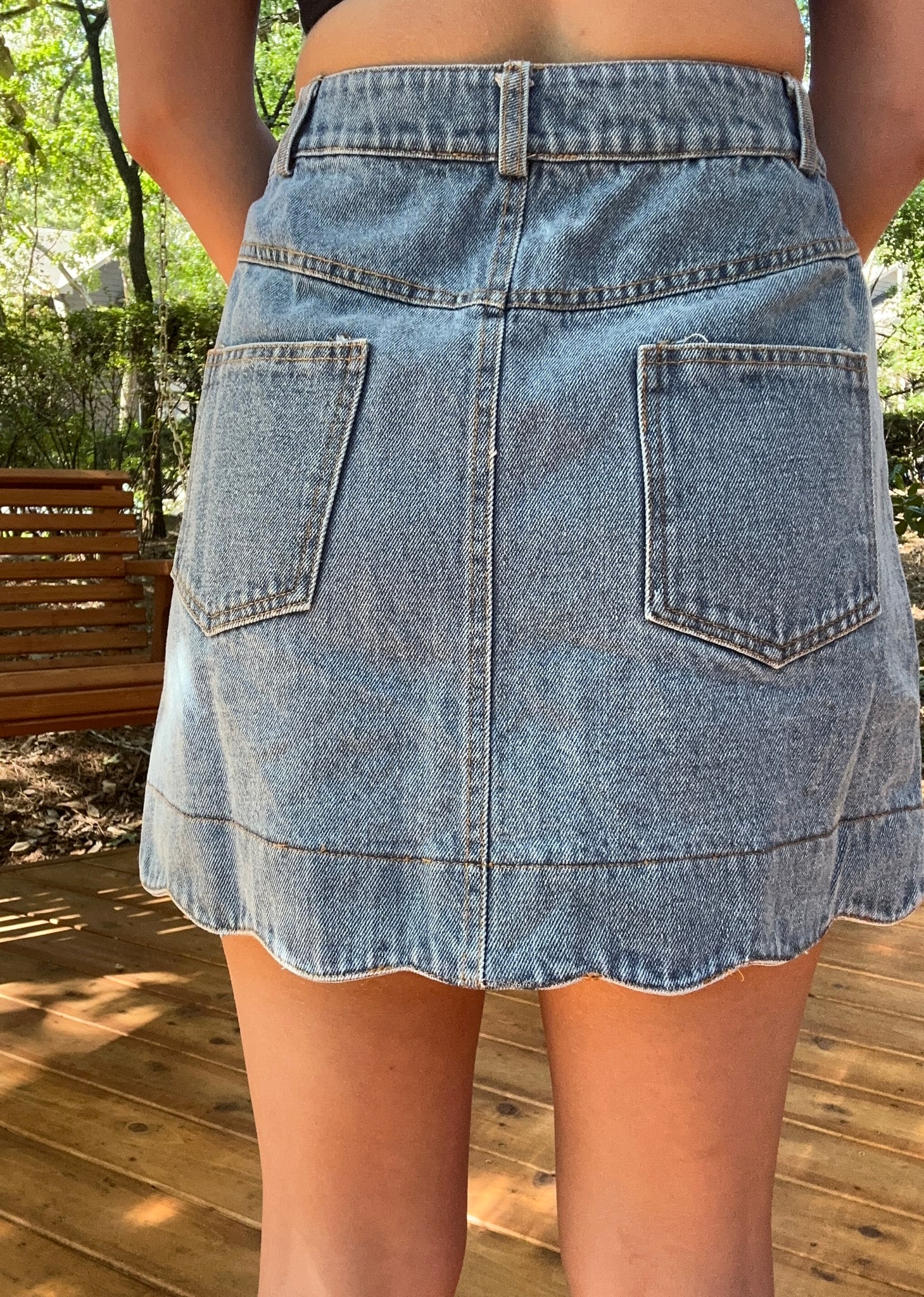 Denim Button Front Scalloped Skirt