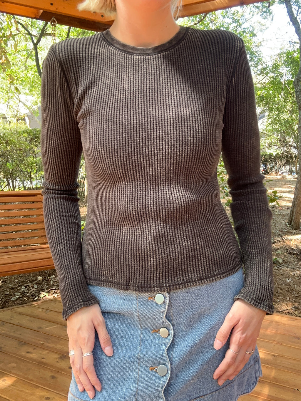 Black Acid Washed Waffle Top