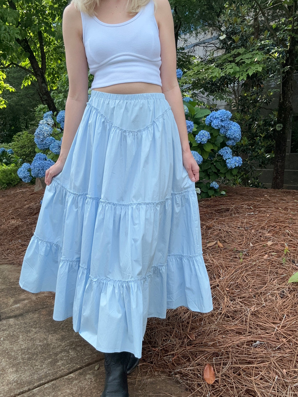 Light Blue Tiered Midi Skirt