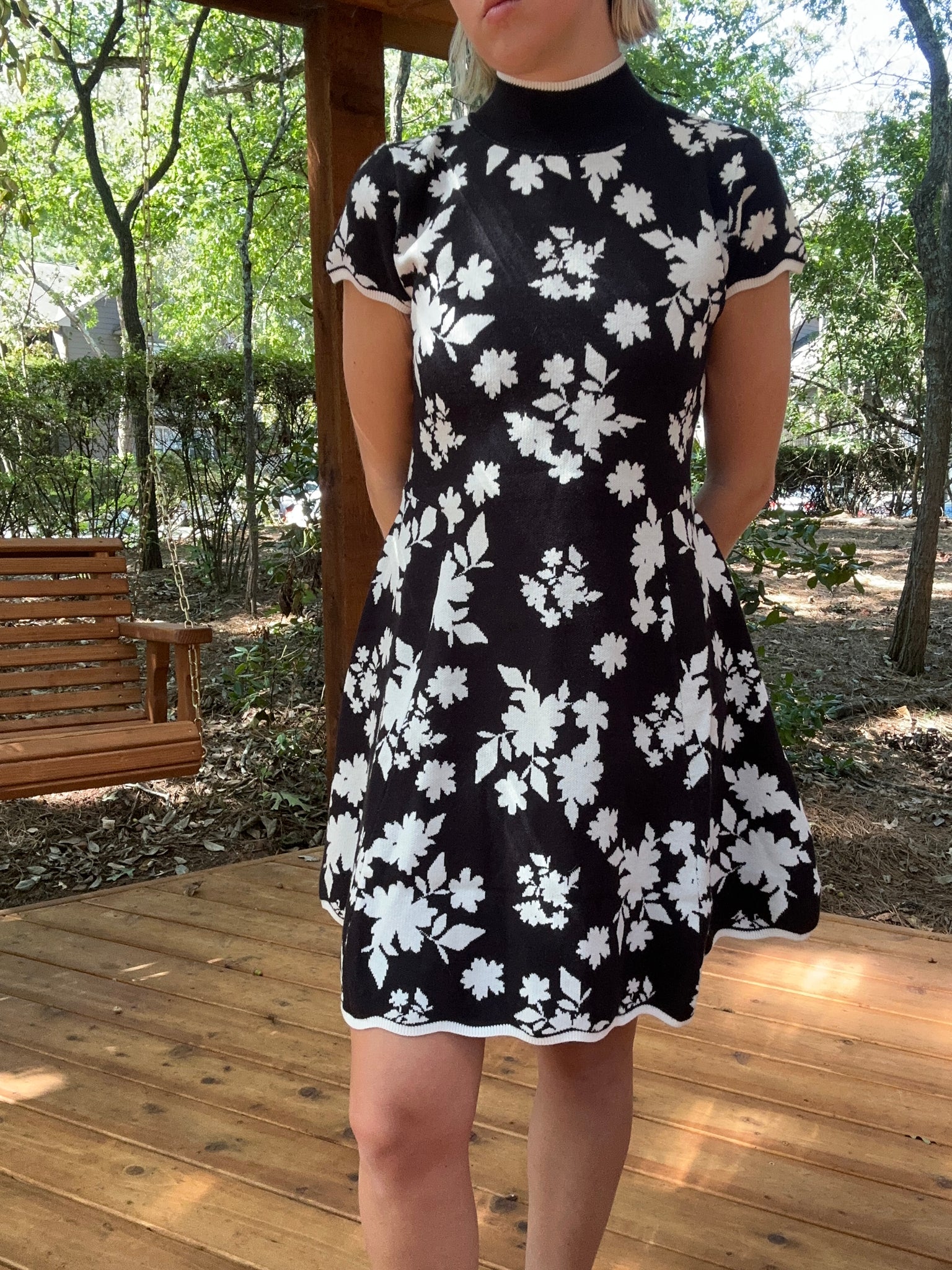 Black and White Floral Sweater Dress