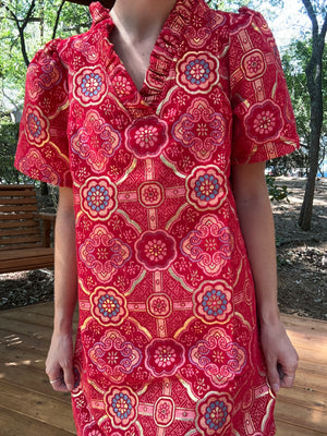 Red Metallic Jacquard Dress
