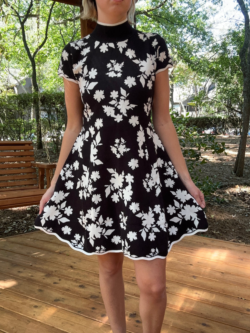 Black and White Floral Sweater Dress