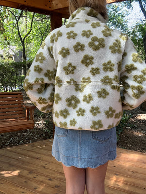 Green and White Floral Sherpa Jacket