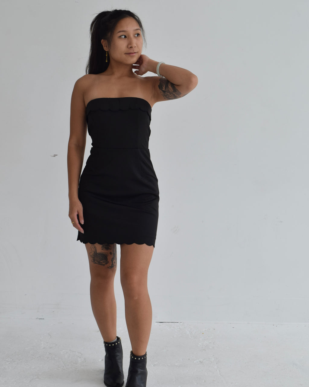 Black Strapless Scalloped Dress