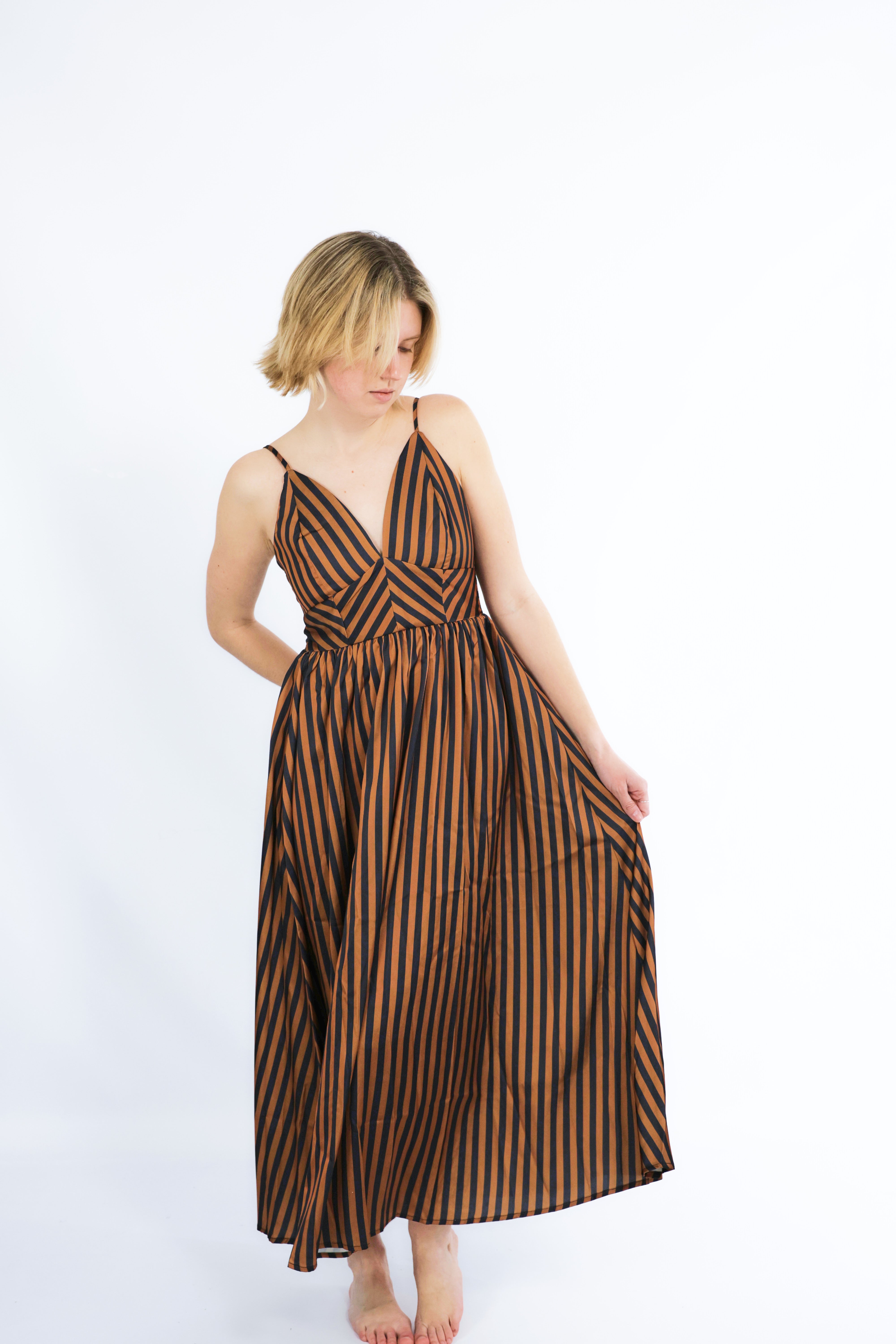 black and brown striped dress Brown and Black Striped Satin Dress – Sugar Cilantro