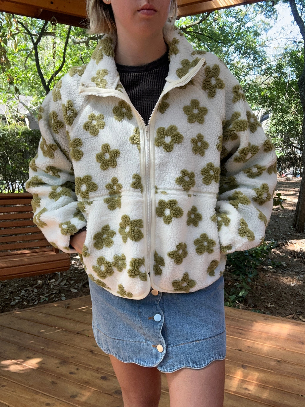 Green and White Floral Sherpa Jacket