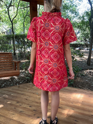 Red Metallic Jacquard Dress