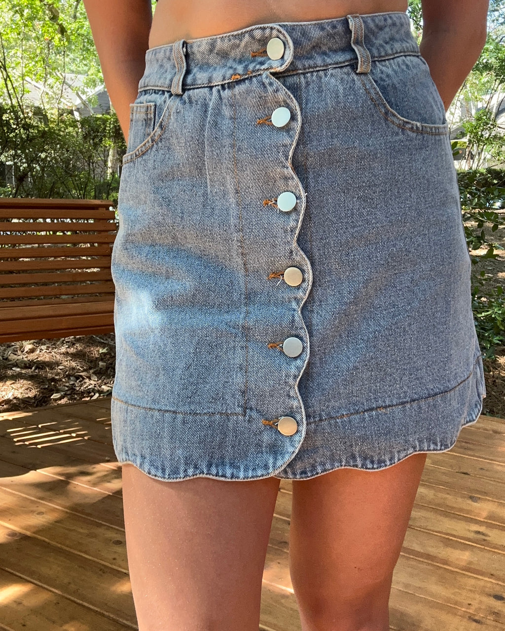 Denim Button Front Scalloped Skirt