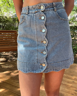 Denim Button Front Scalloped Skirt