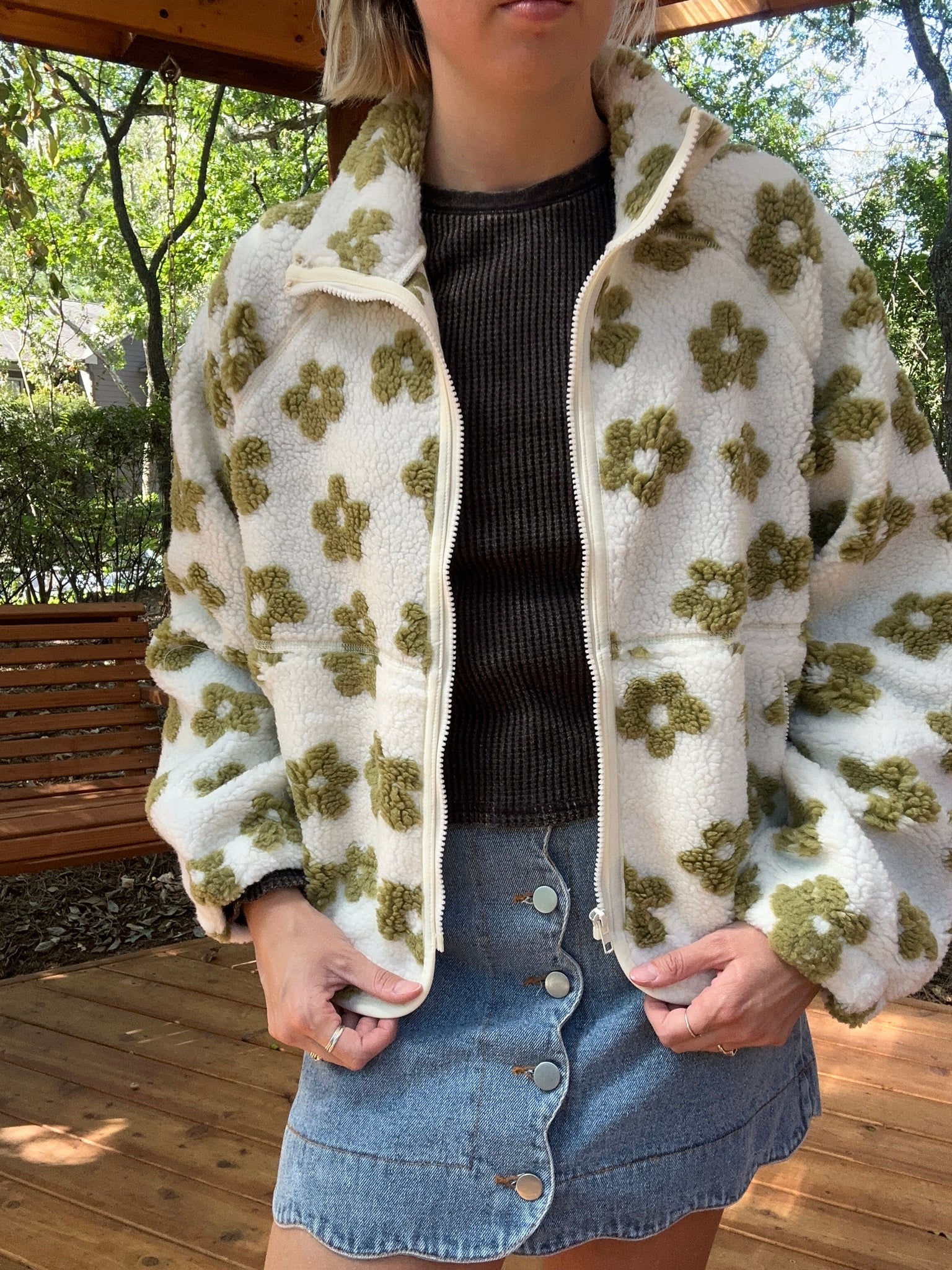 Green and White Floral Sherpa Jacket