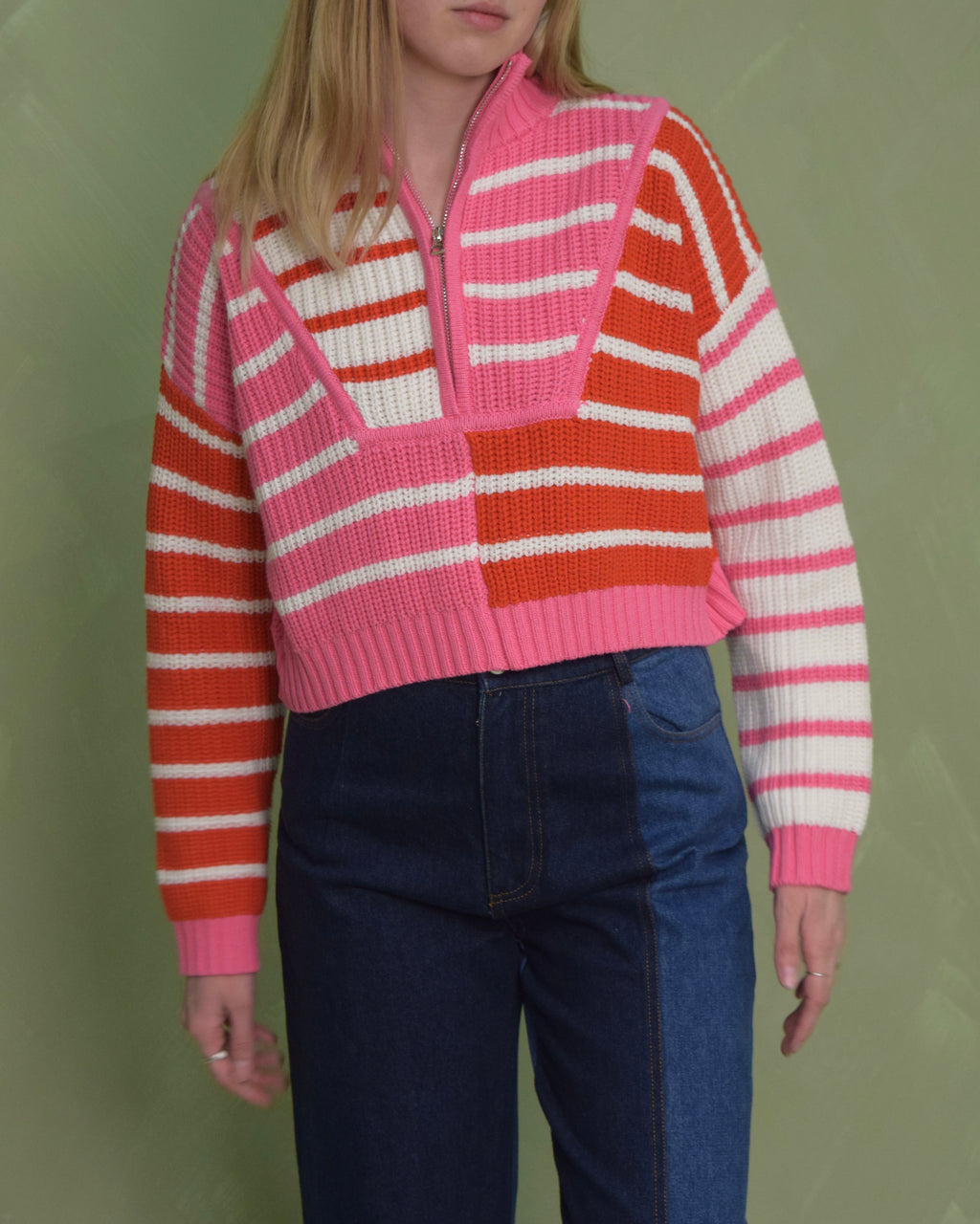 Pink and Red Cropped Half Zip