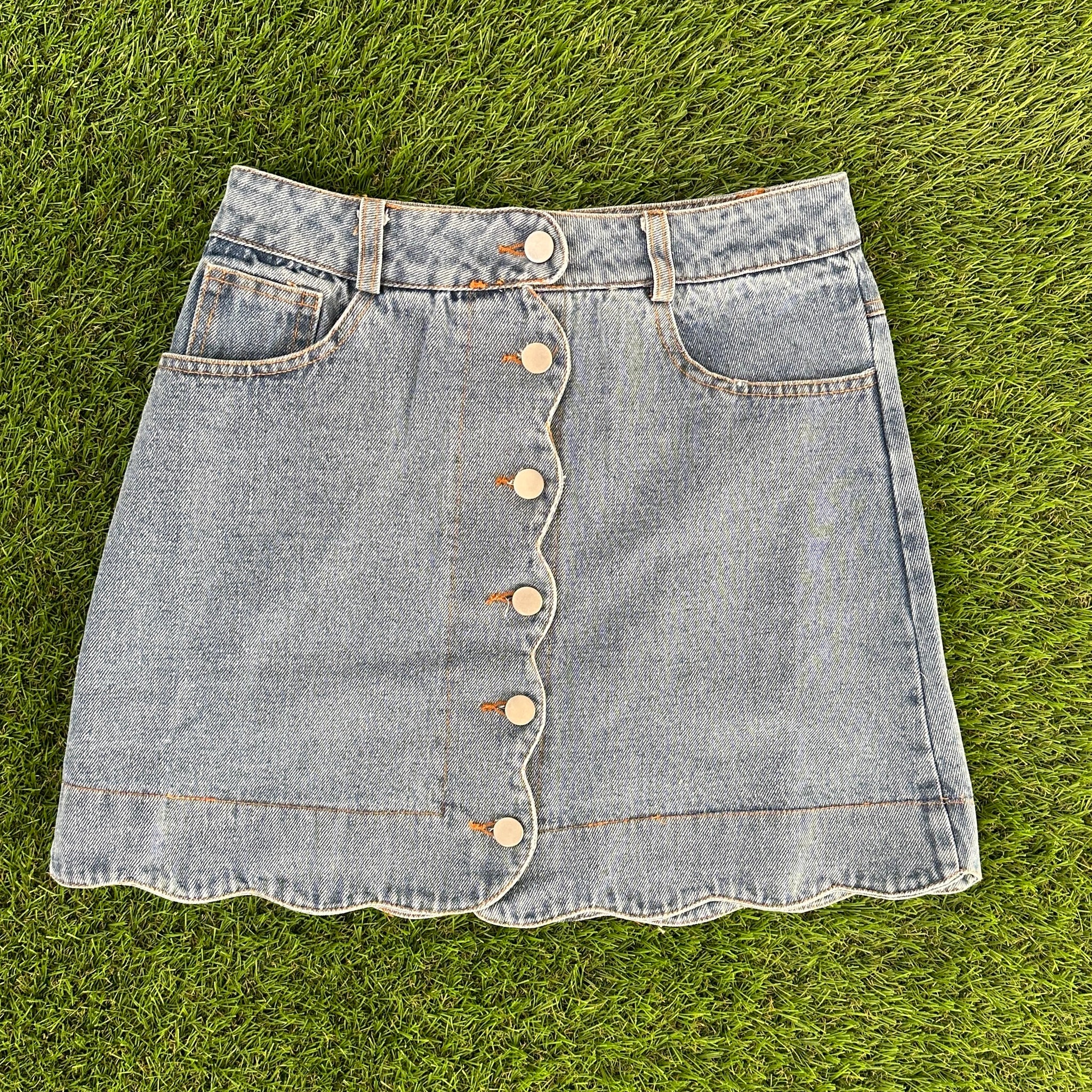 Denim Button Front Scalloped Skirt