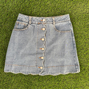 Denim Button Front Scalloped Skirt