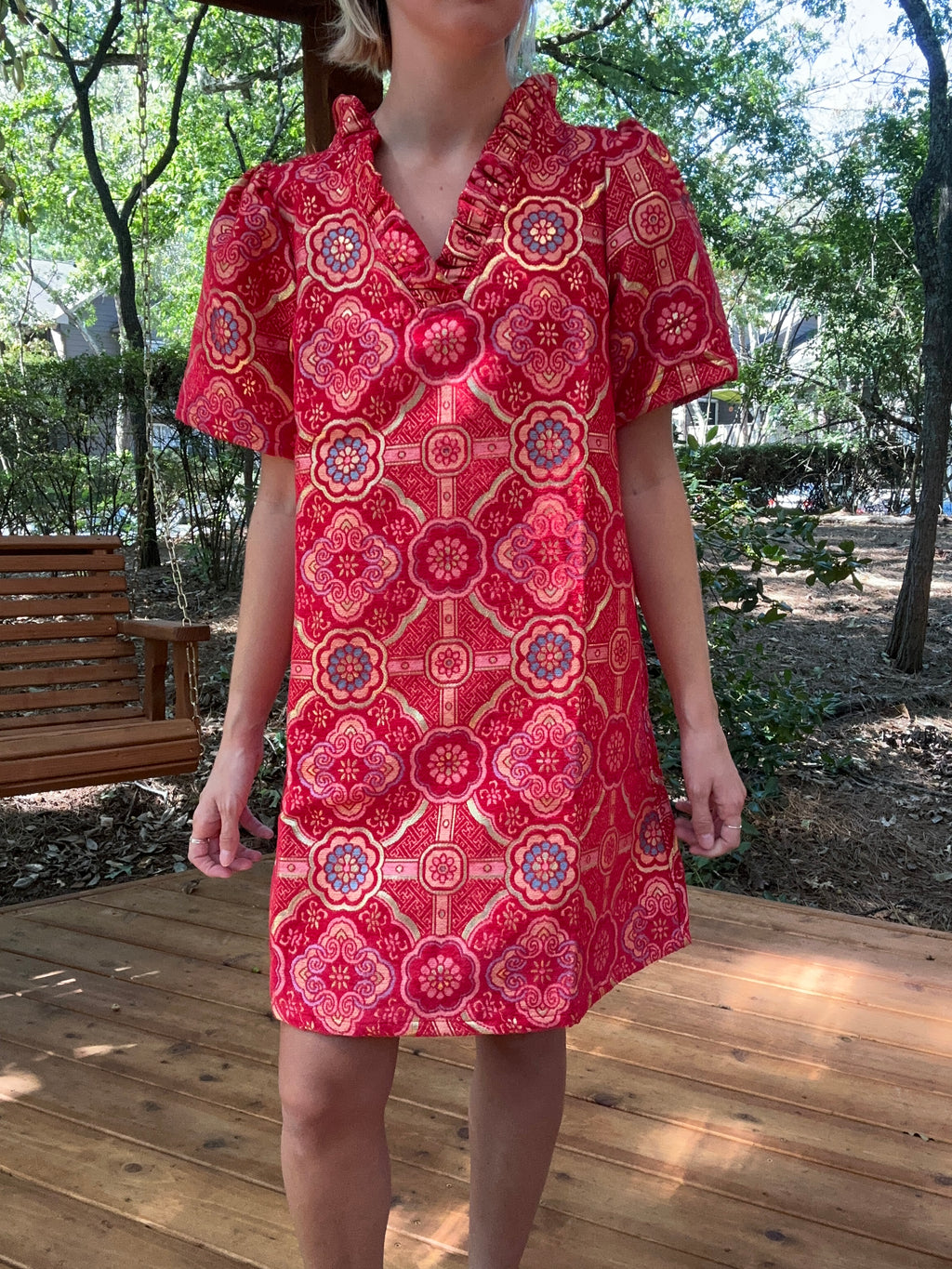 Red Metallic Jacquard Dress