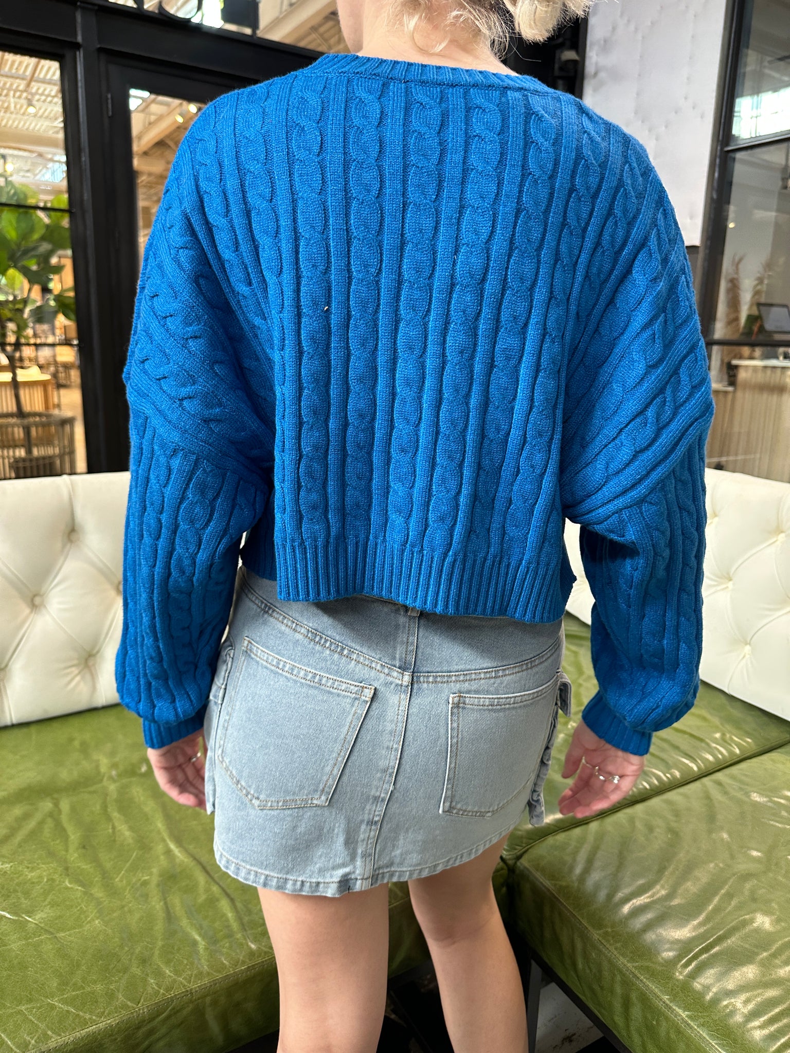 Blue Cable Knit Cropped Sweater