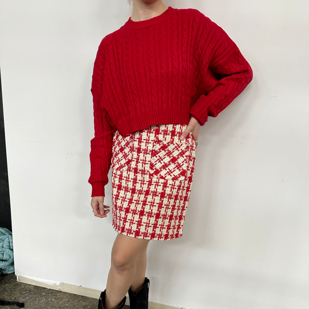 Red Cable Knit Cropped Sweater
